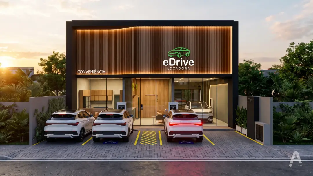 Render da fachada da nova sede da eDrive Locadora ao entardecer, com painel amadeirado iluminado, vitrines de vidro e vagas de recarga para carros elétricos