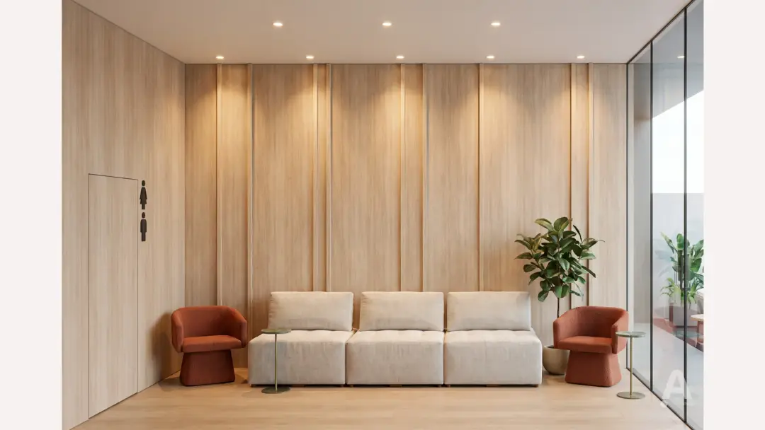Render do lounge de espera da eDrive, com sofá claro, duas poltronas terracota e parede em painéis de madeira