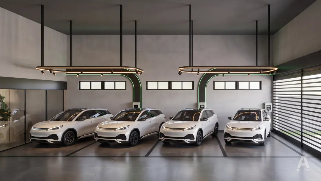 Render do pátio coberto da eDrive, com quatro carros elétricos carregando sob iluminação suspensa